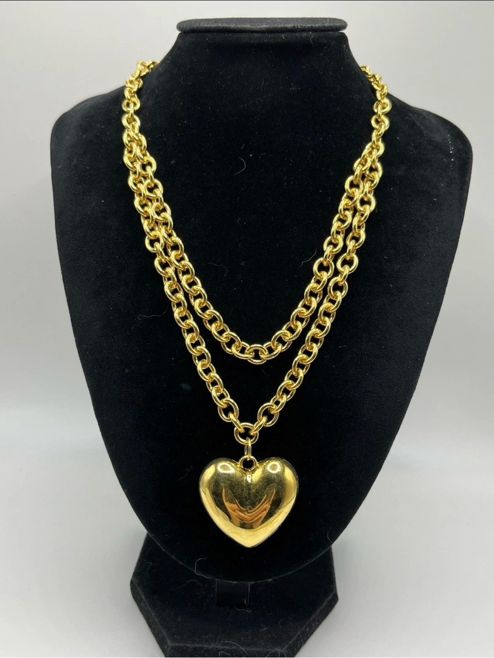 Gold Tone Puffy Heart Chain 2 Strand Necklace 16”, 18” Hook Clasp